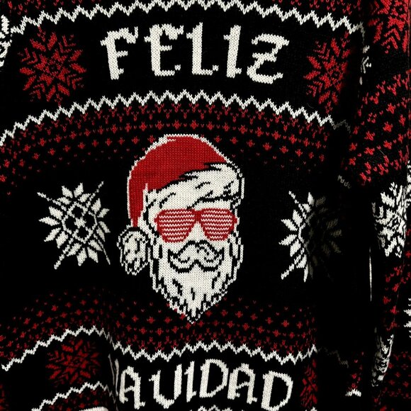 Ugly Christmas Sweater Feliz Navidad Santa Sunglasses Snowflakes Unisex S-M-L - Picture 3 of 6